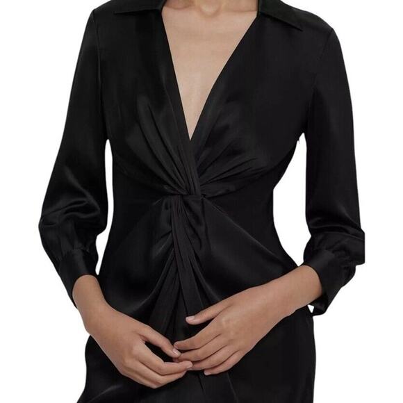 Theory Womens Black Satin Sheath Dress Size 8 Twist-Front Long-Sleeve V Neck - Picture 4 of 16
